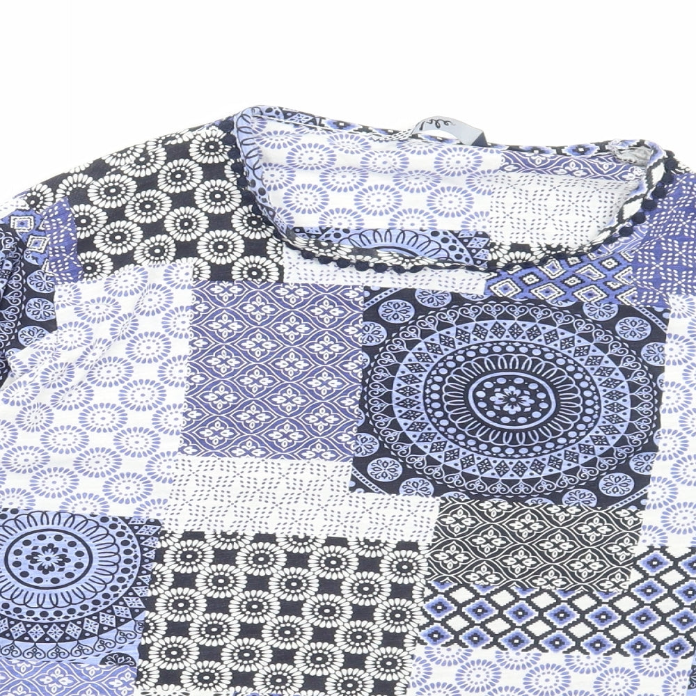 Isle Womens Blue Geometric Polyester Basic T-Shirt Size XL Round Neck