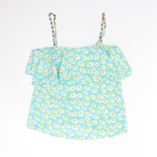 Ravi Famous Womens Blue Floral Cotton Basic Blouse Size 10 Square Neck