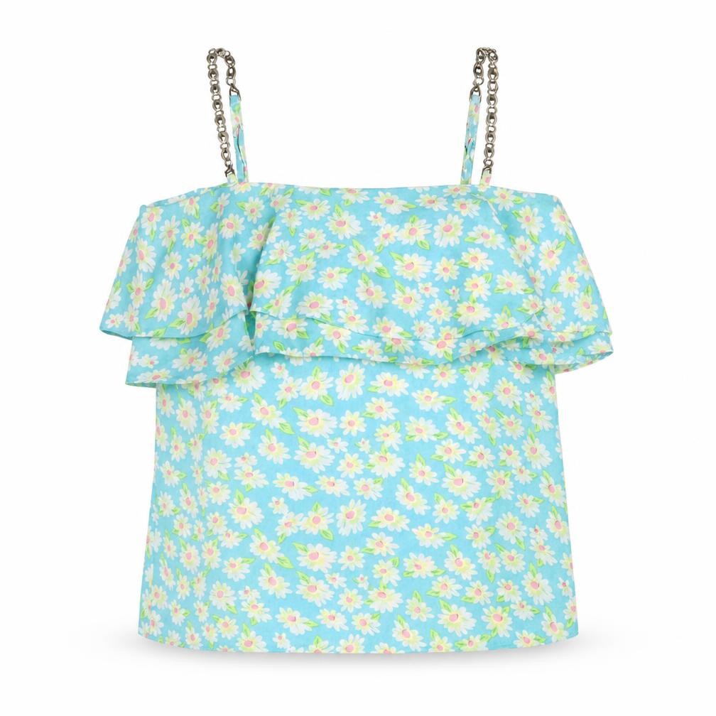 Ravi Famous Womens Blue Floral Cotton Basic Blouse Size 10 Square Neck