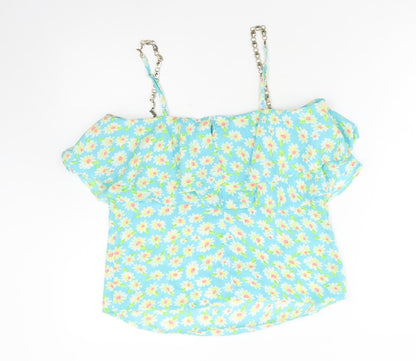 Ravi Famous Womens Blue Floral Cotton Basic Blouse Size 10 Square Neck