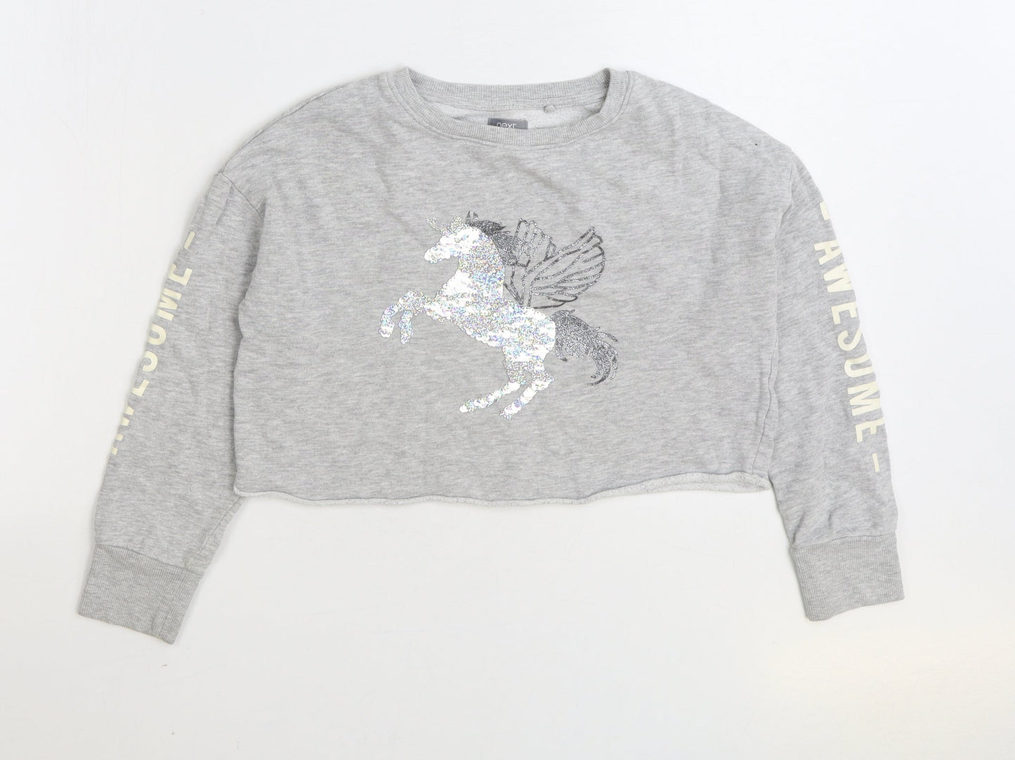 NEXT Girls Grey Cotton Pullover Sweatshirt Size 8 Years Pullover - Unicorn Cropped