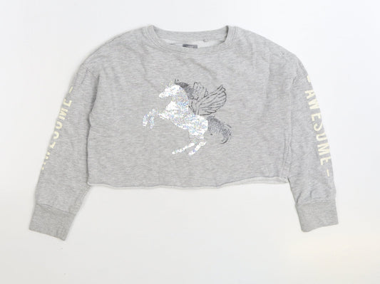 NEXT Girls Grey Cotton Pullover Sweatshirt Size 8 Years Pullover - Unicorn Cropped