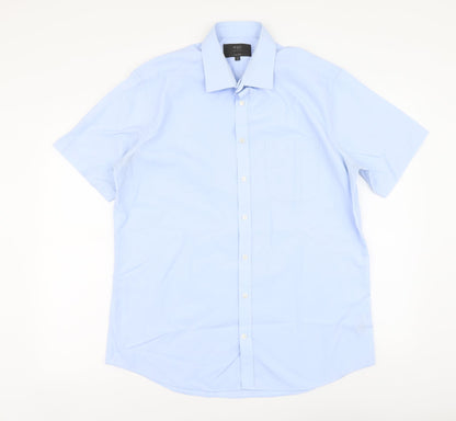 Marks & Spencer Mens Blue Polyester Button-Up Size 16 Collared Button