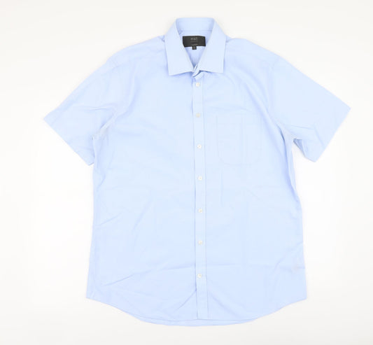 Marks and Spencer Mens Blue Polyester Button-Up Size 16 Collared Button