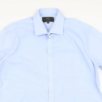 Marks & Spencer Mens Blue Polyester Button-Up Size 16 Collared Button