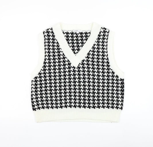 Subdued Womens Black V-Neck Geometric Acrylic Vest Jumper One Size