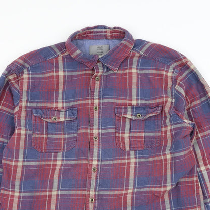 Marks & Spencer Mens Red Plaid Cotton Button-Up Size M Collared Button