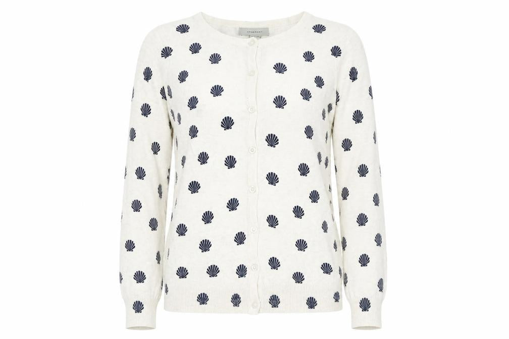 Atmosphere Womens White Round Neck Geometric Cotton Cardigan Jumper Size 10 - Shell pattern