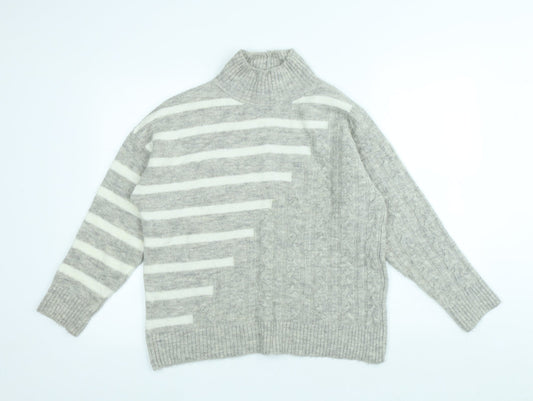 M&Co Womens Grey High Neck Striped Acrylic Pullover Jumper Size S