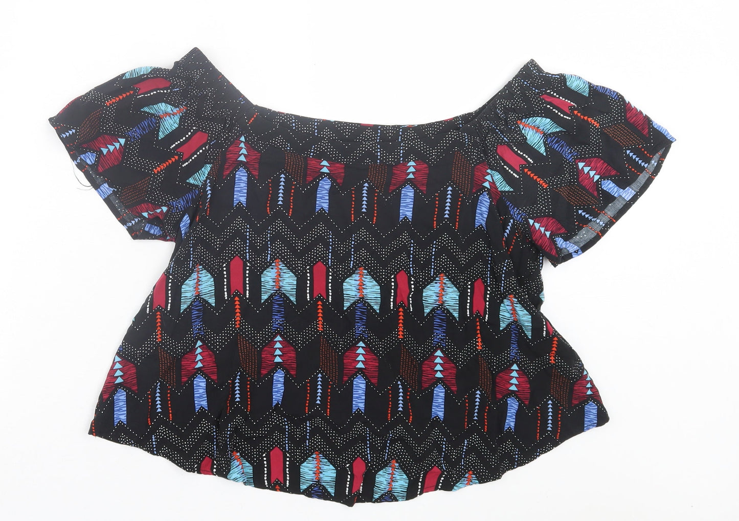 New Look Womens Black Geometric Viscose Basic T-Shirt Size 10 Off the Shoulder