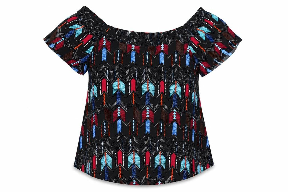 New Look Womens Black Geometric Viscose Basic T-Shirt Size 10 Off the Shoulder