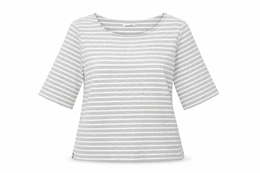 W. Lane Womens Grey Striped Cotton Basic T-Shirt Size M Boat Neck