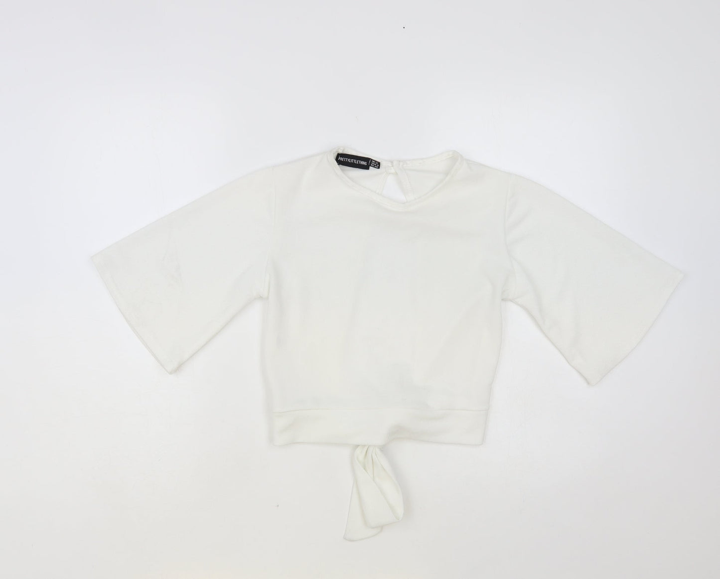 PRETTYLITTLETHING Womens White Polyester Cropped Blouse Size 12 Round Neck - Open Back