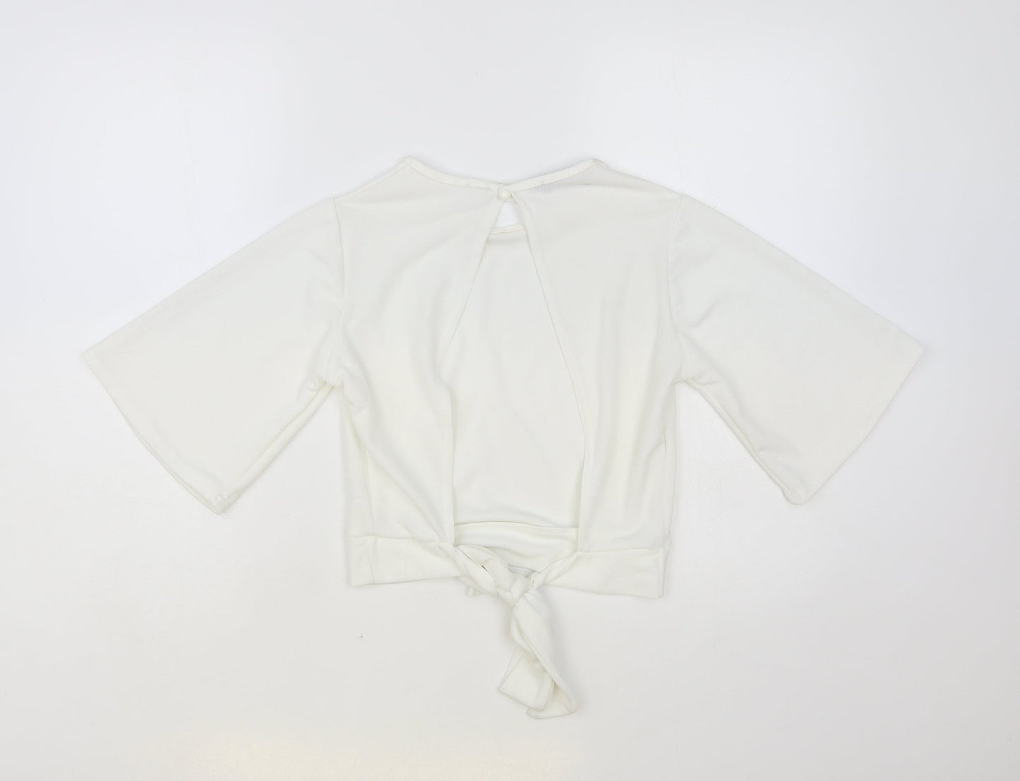 PRETTYLITTLETHING Womens White Polyester Cropped Blouse Size 12 Round Neck - Open Back