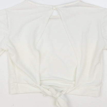 PRETTYLITTLETHING Womens White Polyester Cropped Blouse Size 12 Round Neck - Open Back