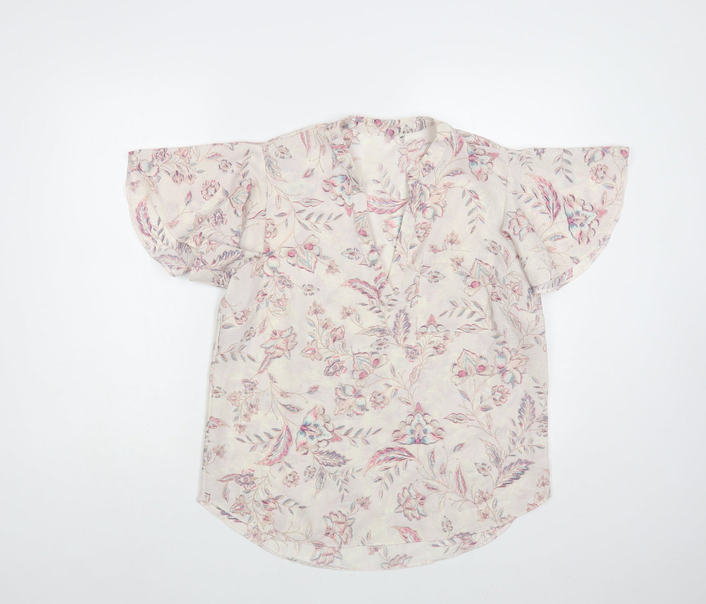 Preworn Womens Pink Floral Polyester Basic Blouse Size M V-Neck