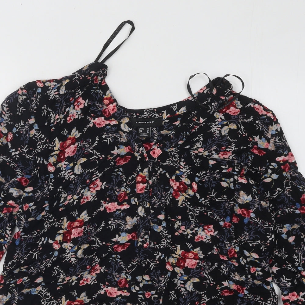 Atmosphere Womens Black Floral Polyester Basic Blouse Size 10 V-Neck