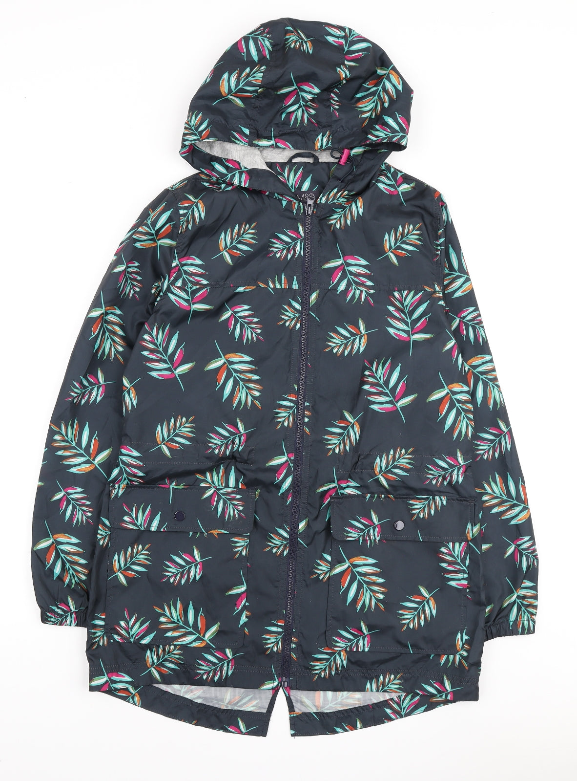 Marks and Spencer Womens Blue Floral Anorak Coat Size S Zip - Leaf Print