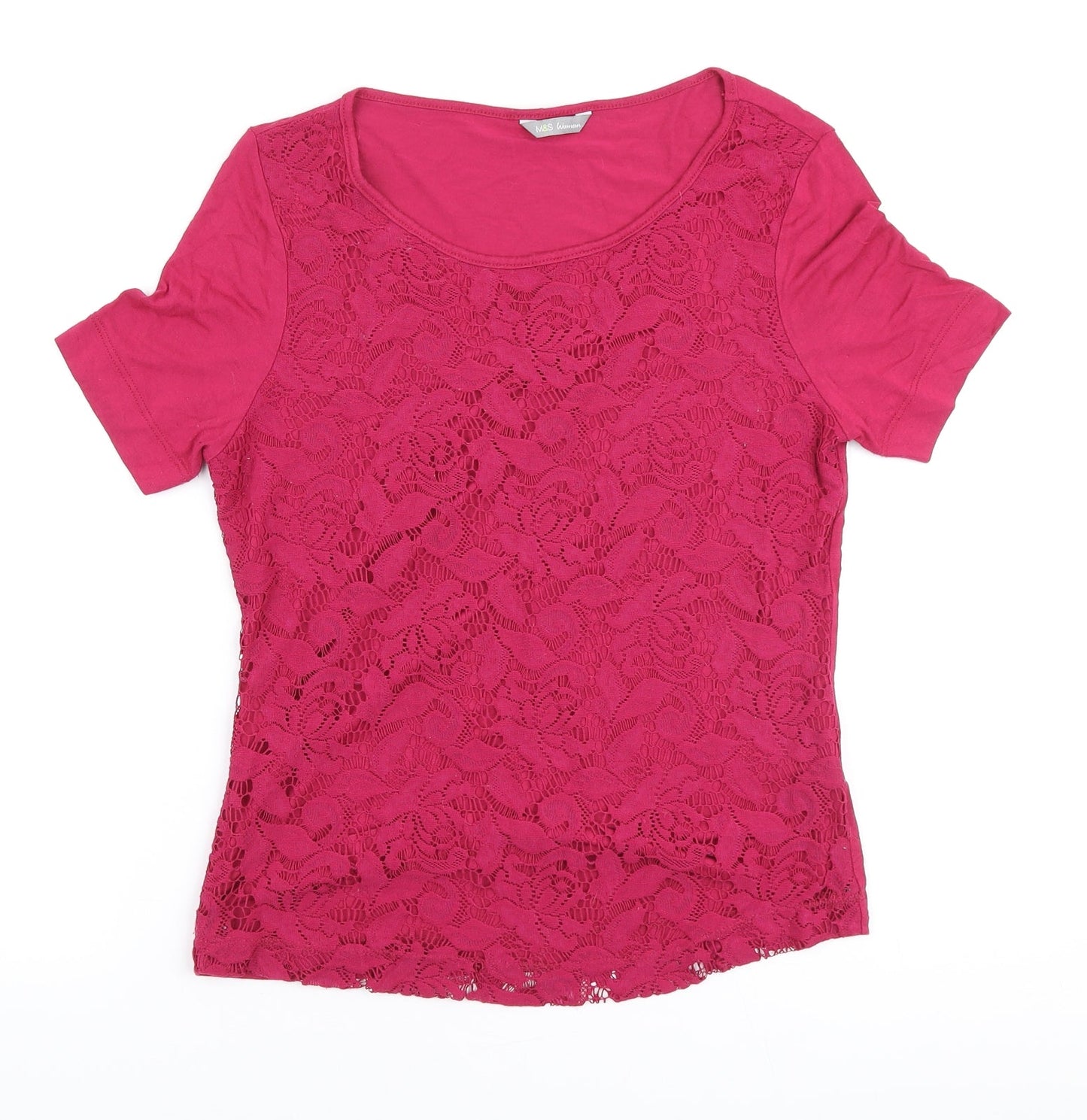 Marks and Spencer Womens Pink Polyester Basic T-Shirt Size 10 Scoop Neck - Floral Lace Overlay Front