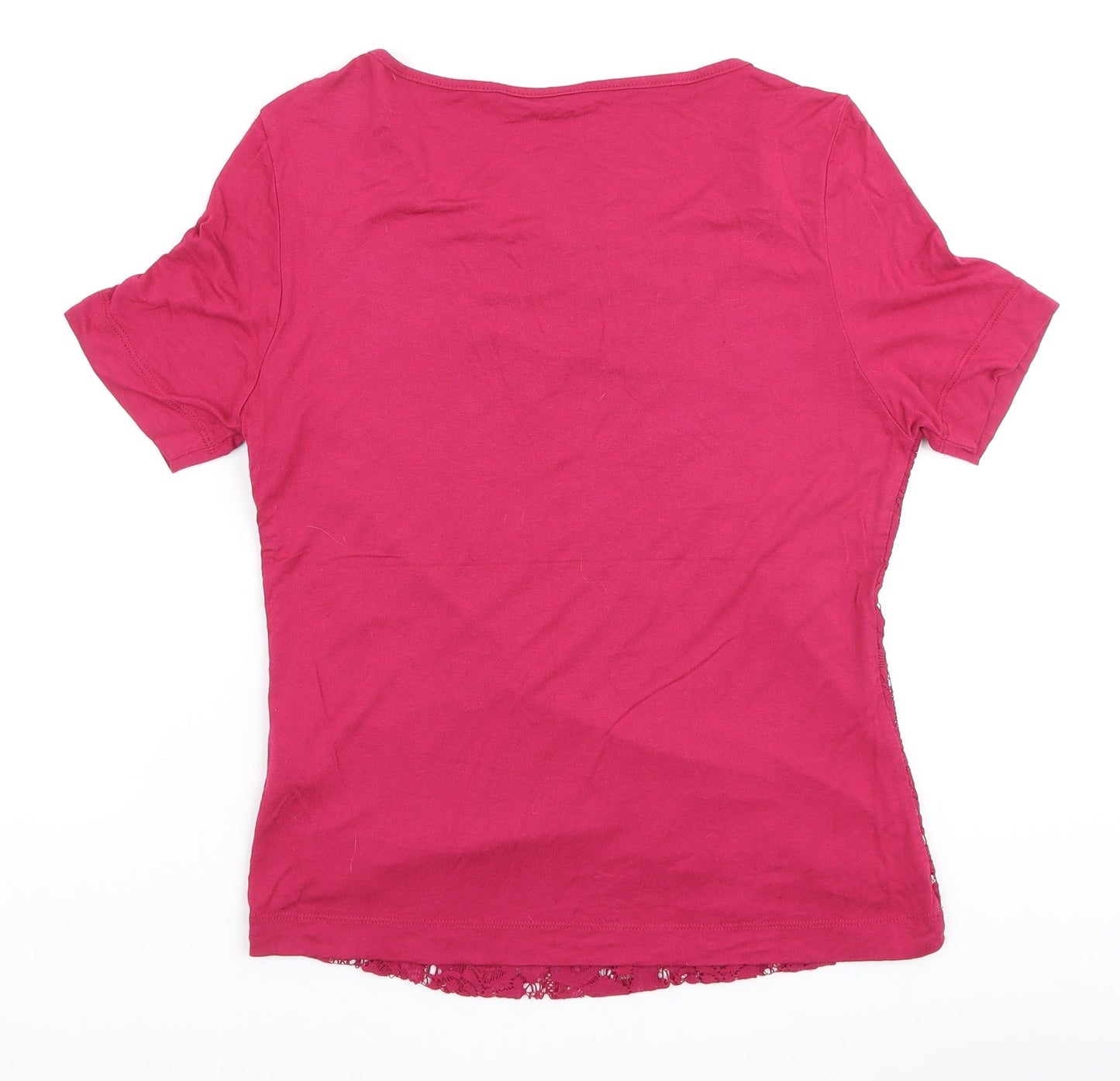 Marks and Spencer Womens Pink Polyester Basic T-Shirt Size 10 Scoop Neck - Floral Lace Overlay Front