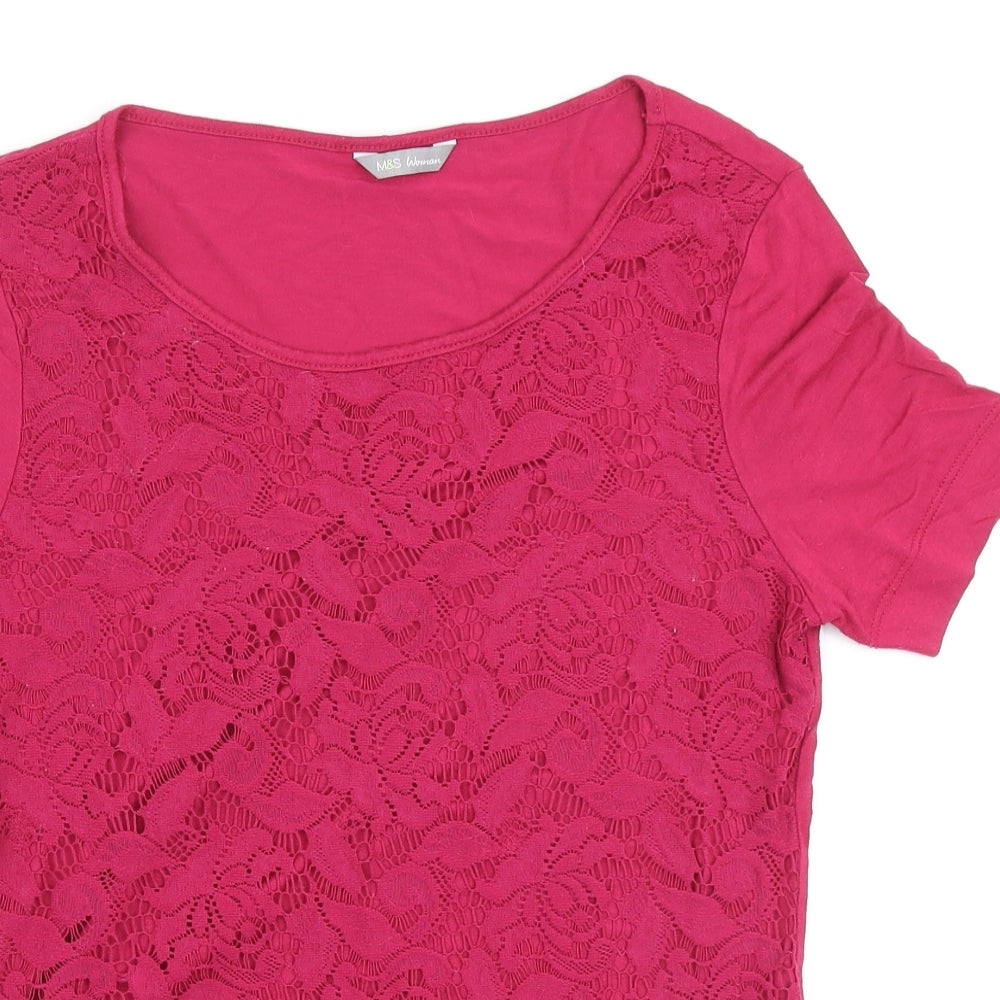 Marks and Spencer Womens Pink Polyester Basic T-Shirt Size 10 Scoop Neck - Floral Lace Overlay Front