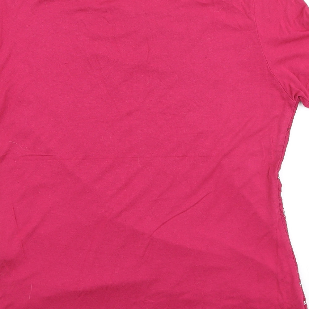 Marks and Spencer Womens Pink Polyester Basic T-Shirt Size 10 Scoop Neck - Floral Lace Overlay Front