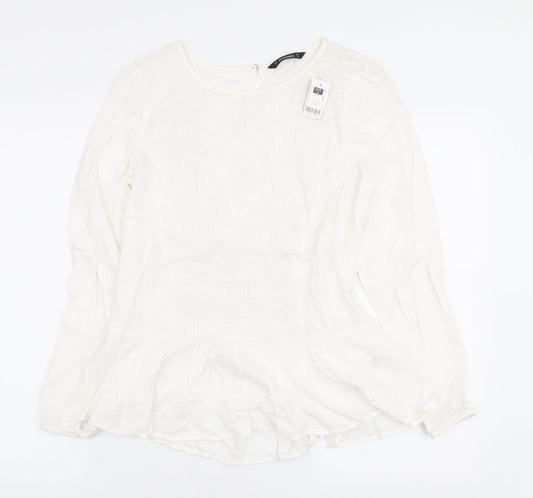 Dunnes Stores Womens White Viscose Ringer Blouse Size 8 Round Neck - Peplum