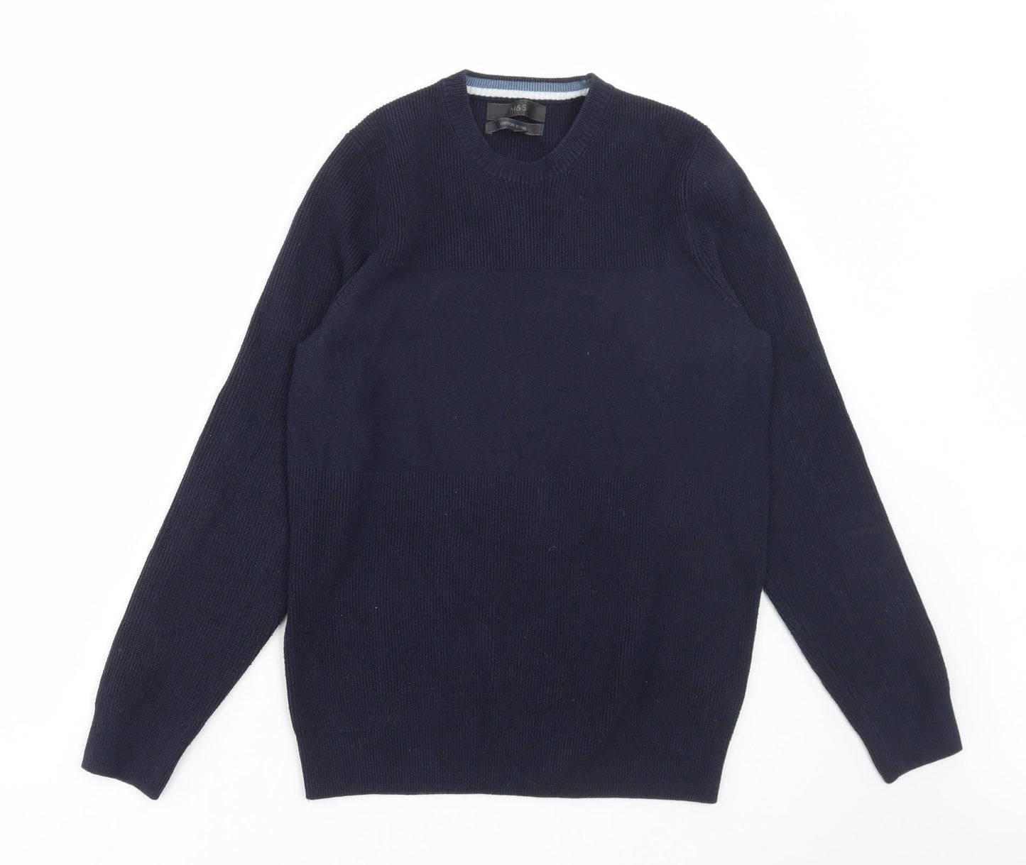 Marks and Spencer Mens Blue Round Neck Polyester Pullover Jumper Size S - Ribbed