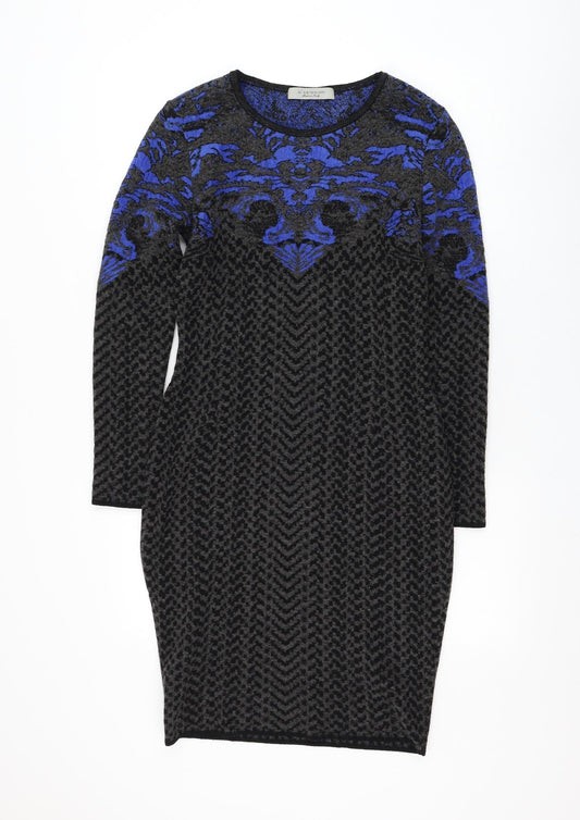 D. EXTERIOR Womens Grey Geometric Polyester Jumper Dress Size M Round Neck Pullover