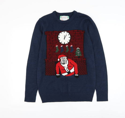 Cedar Wood State Mens Blue Round Neck Acrylic Pullover Jumper Size XS - Santa Claus Christmas