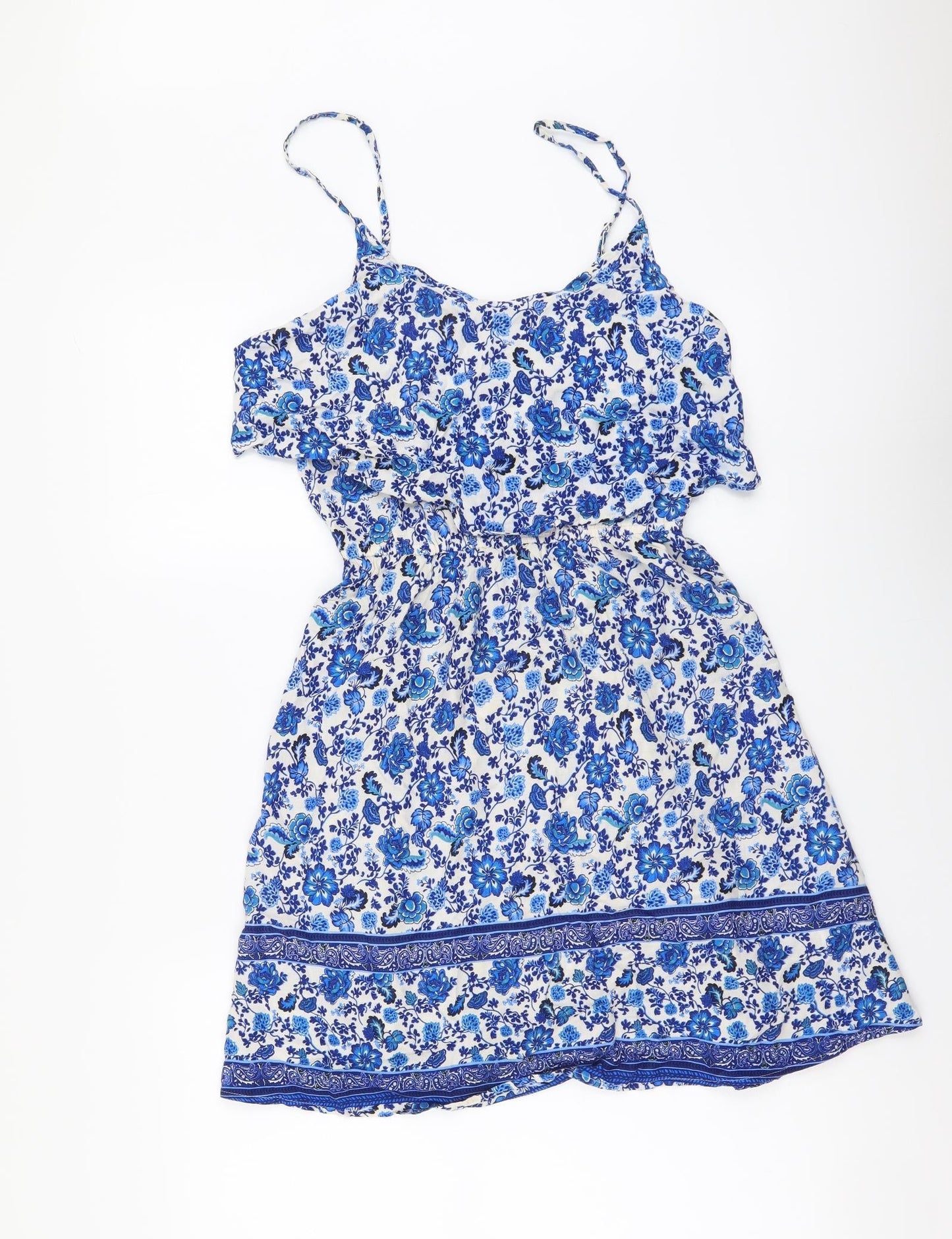 H&M Womens Blue Floral Viscose Mini Size S Sweetheart Pullover