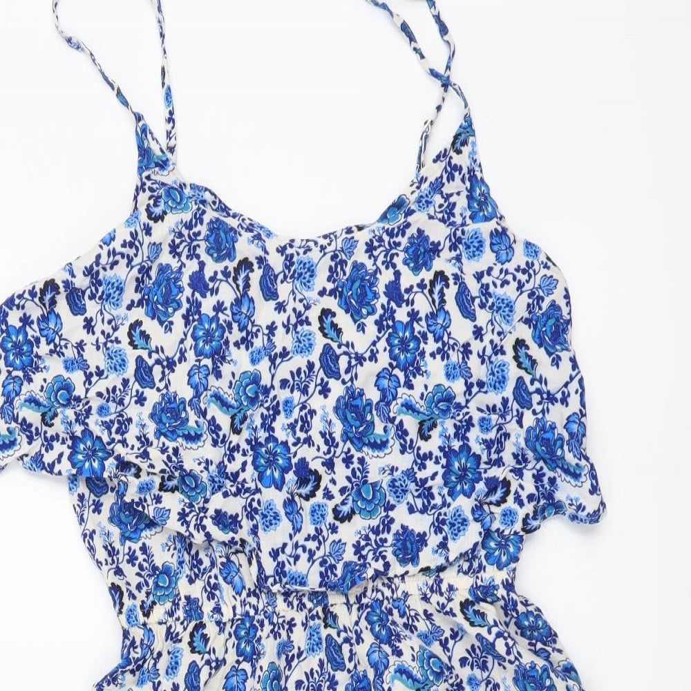H&M Womens Blue Floral Viscose Mini Size S Sweetheart Pullover