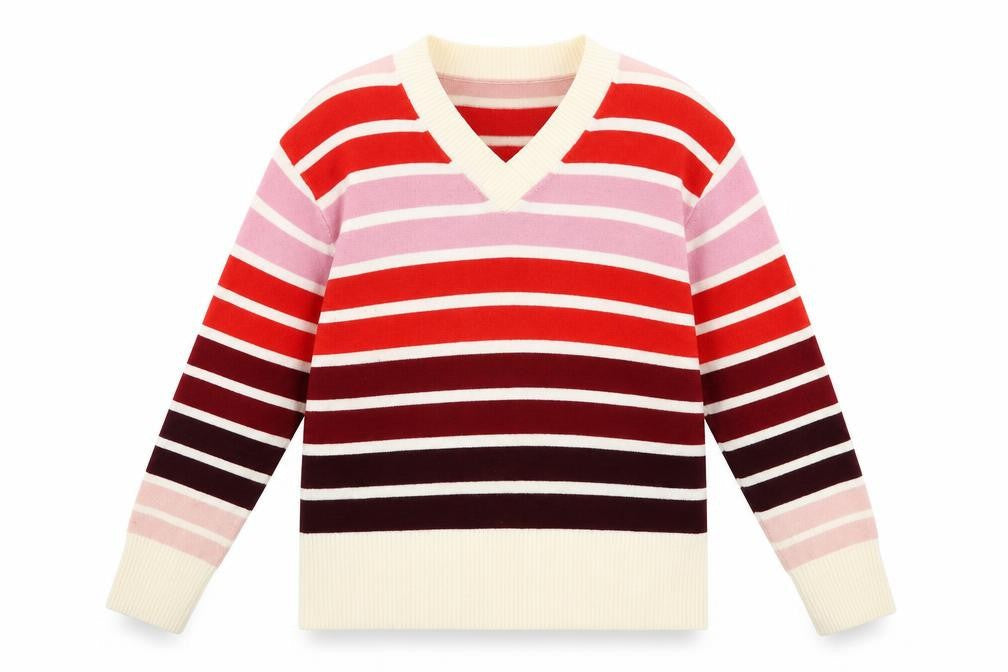 Marks & Spencer Womens Red V-Neck Striped Acrylic Pullover Jumper Size 14