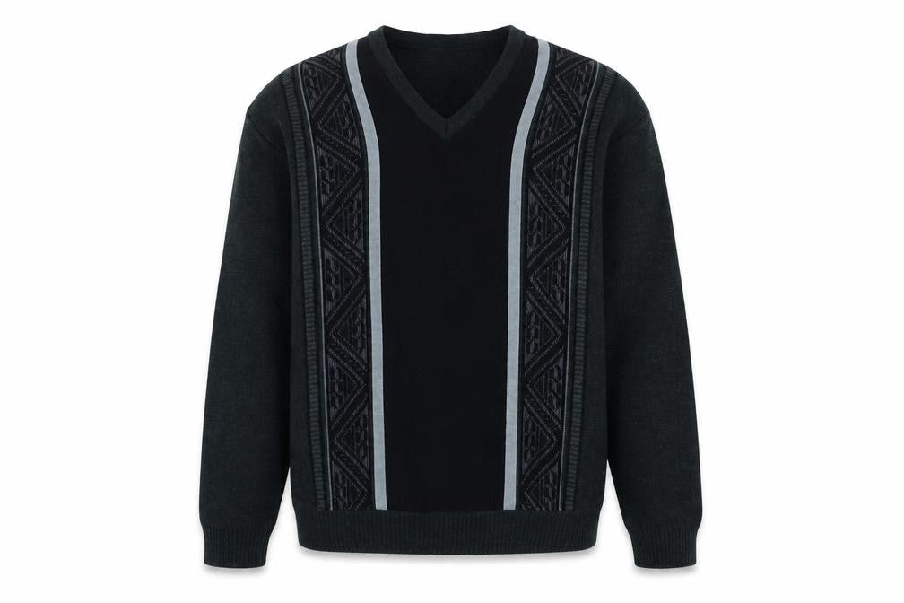 Essentials Mens Green V-Neck Geometric Acrylic Pullover Jumper Size L