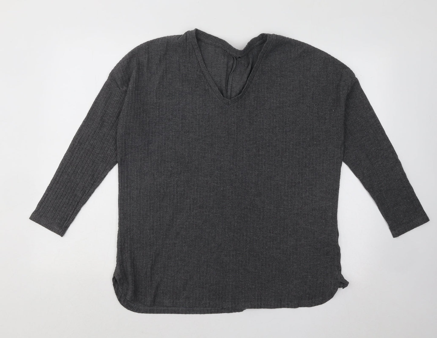 New Look Womens Grey V-Neck Polyester Pullover Jumper Size 12 - Ribbed