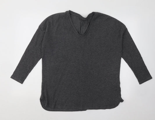 New Look Womens Grey V-Neck Polyester Pullover Jumper Size 12 - Ribbed