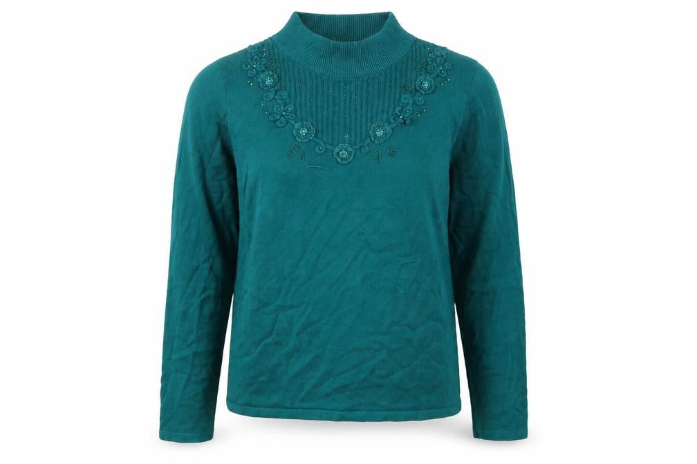 Bonmarché Womens Green Mock Neck Geometric Acrylic Pullover Jumper Size M
