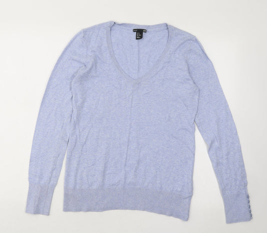H&M Womens Blue V-Neck Cotton Pullover Jumper Size M