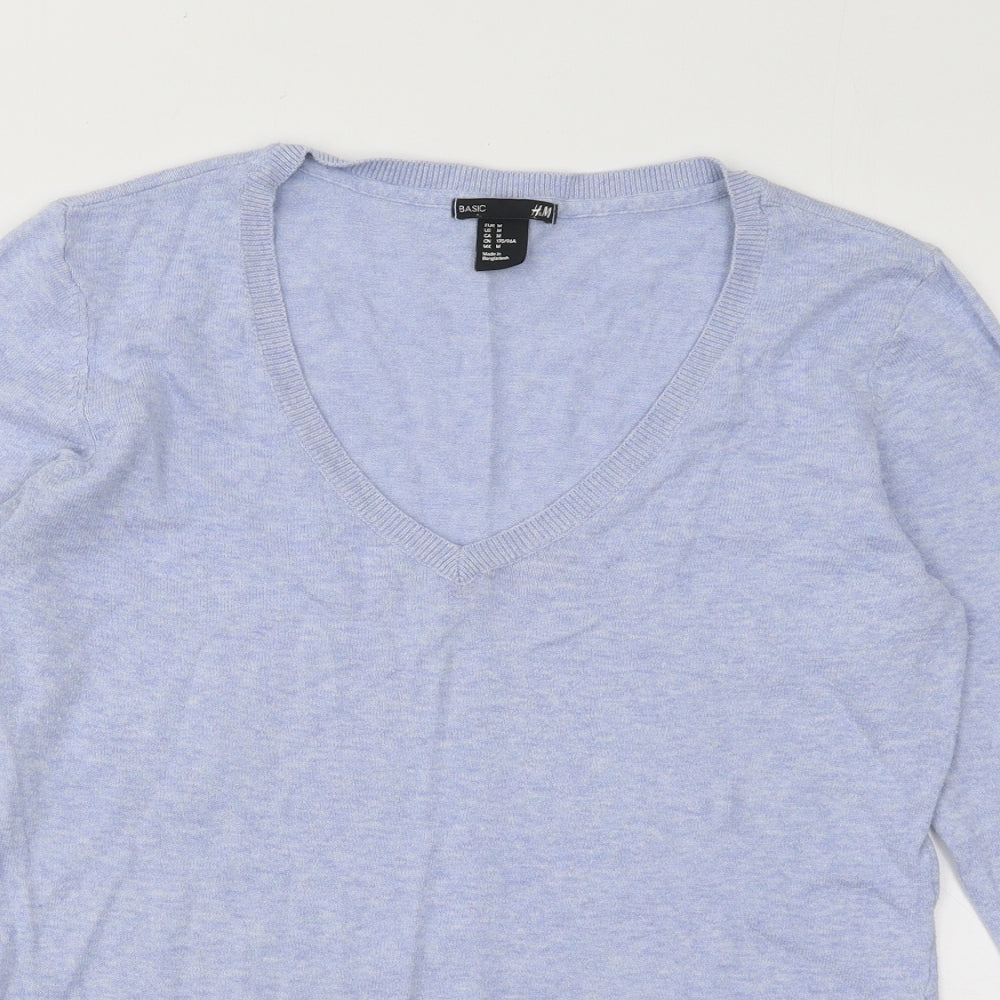 H&M Womens Blue V-Neck Cotton Pullover Jumper Size M