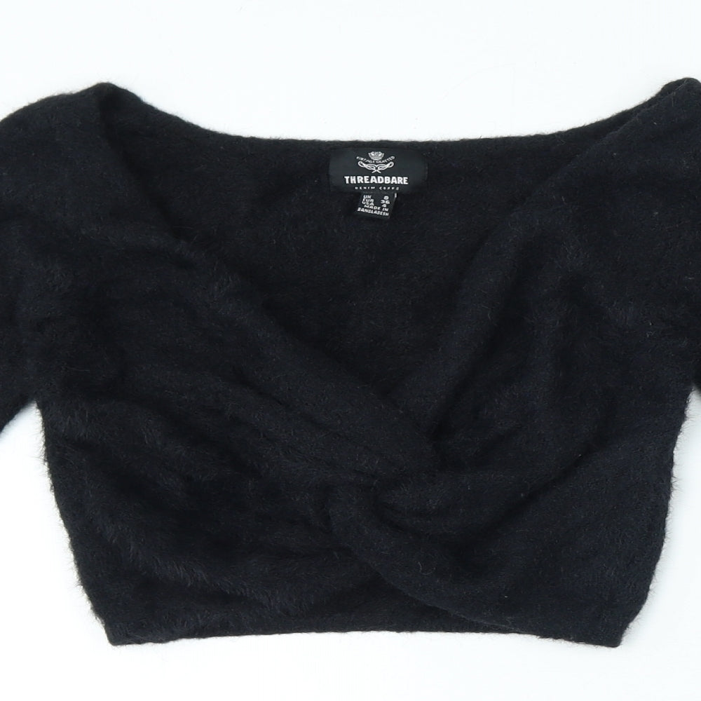 Thredbare Womens Black V-Neck Nylon Pullover Jumper Size 8