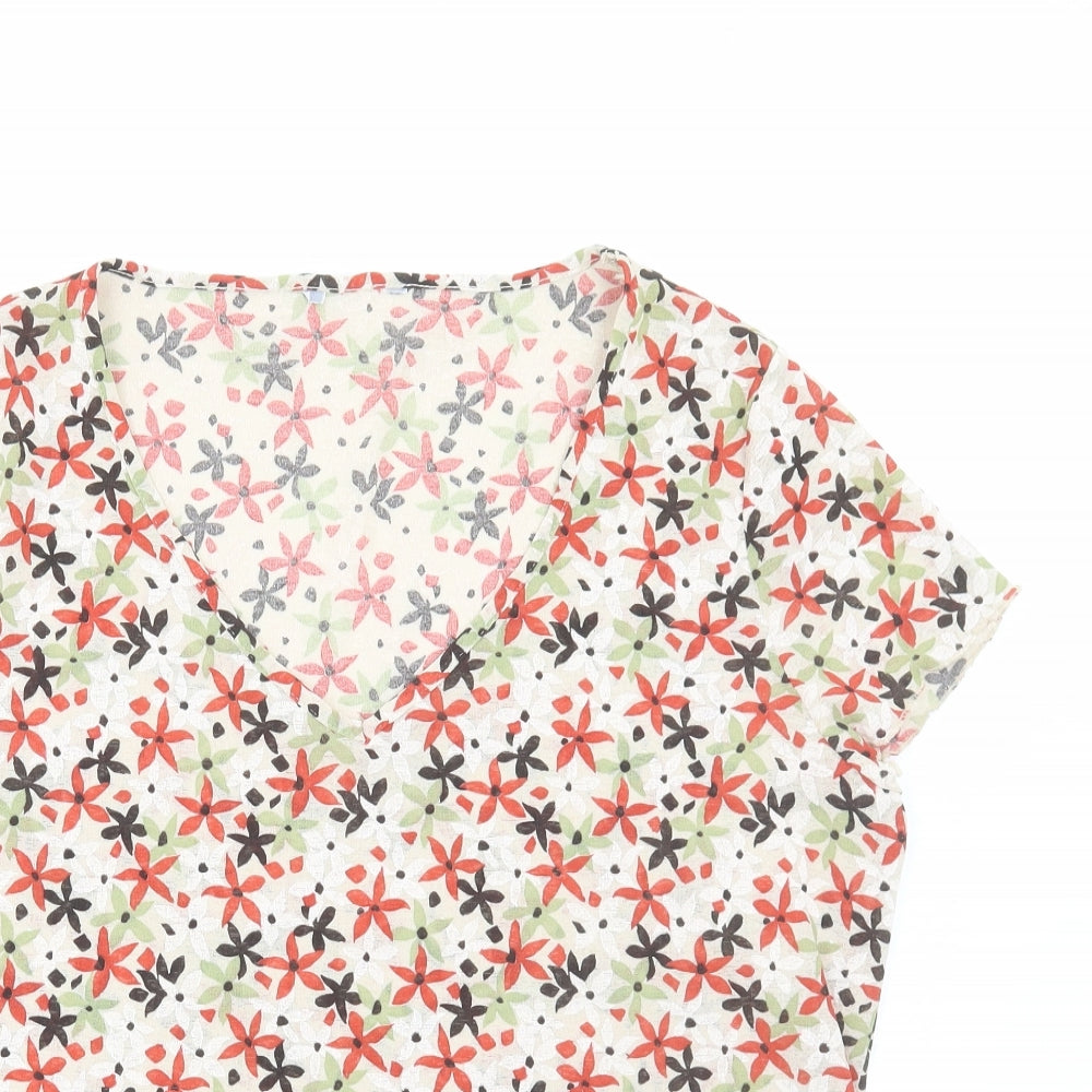 Preworn Womens Multicoloured Floral Polyester Basic T-Shirt Size M V-Neck