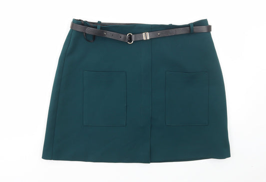 Preworn Womens Green Polyester Mini Skirt Size 34 in Zip