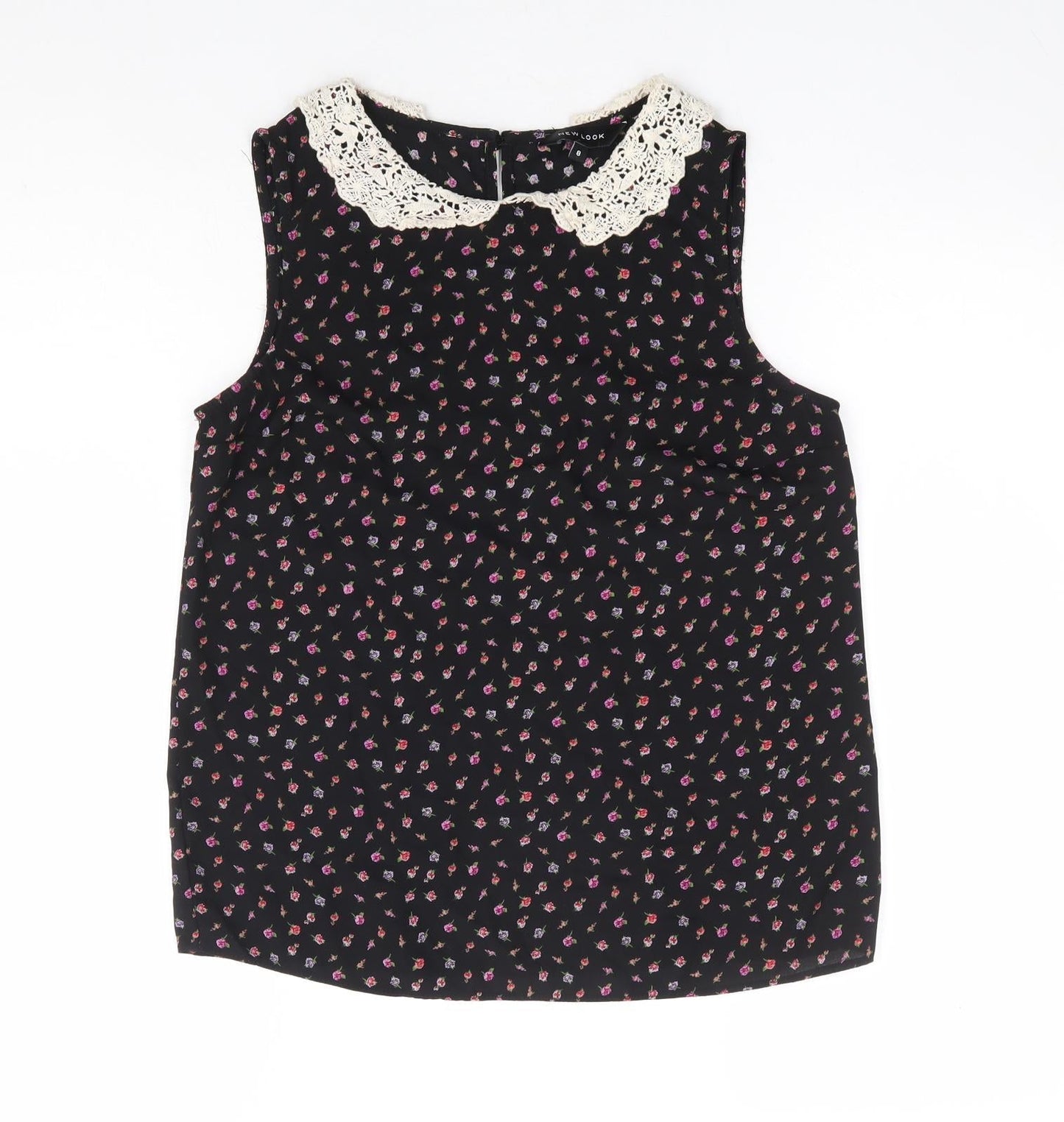 New Look Womens Black Floral Polyester Basic Blouse Size 8 Collared