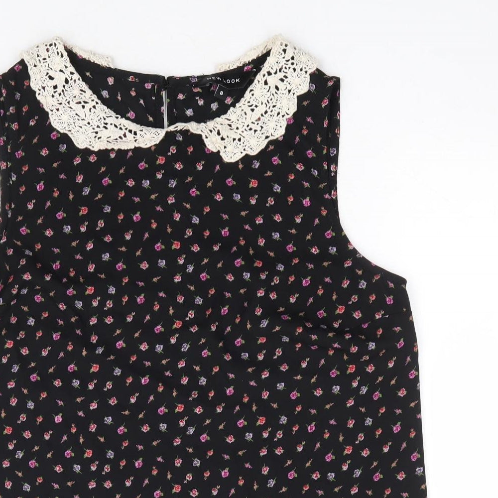 New Look Womens Black Floral Polyester Basic Blouse Size 8 Collared