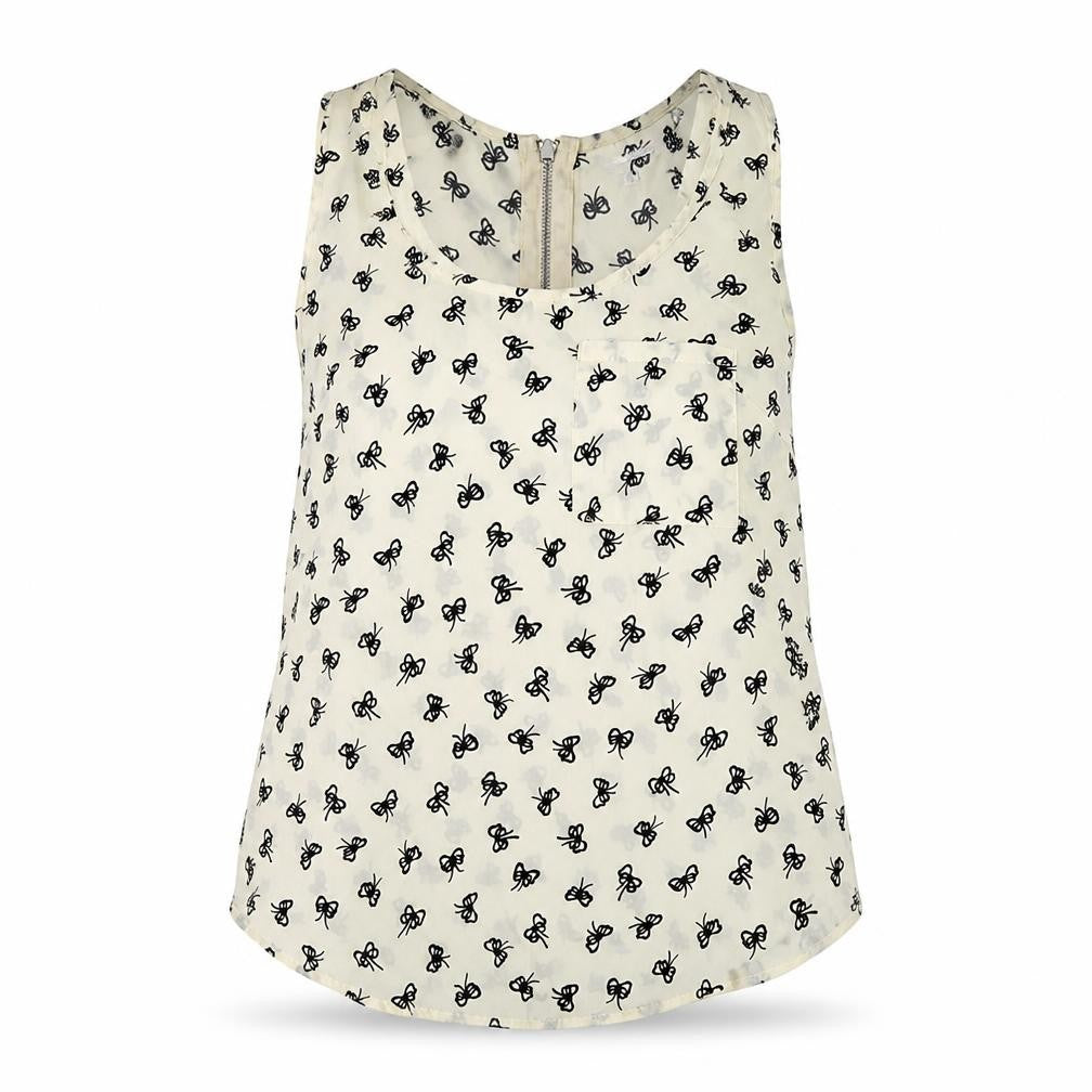 Glamorous Womens Ivory Geometric Polyester Basic Tank Size 8 Scoop Neck - Bow Print