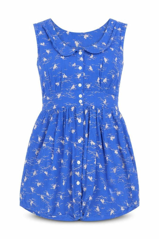Motel Rocks Womens Blue Geometric 100% Cotton Mini Size S Collared Button - Bunny Print