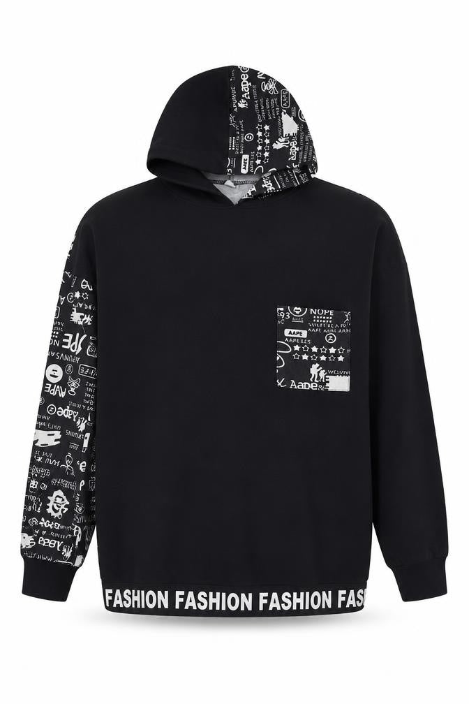 Fashion Boys Black Geometric Polyester Pullover Hoodie Size 9-10 Years Pullover - Slogan