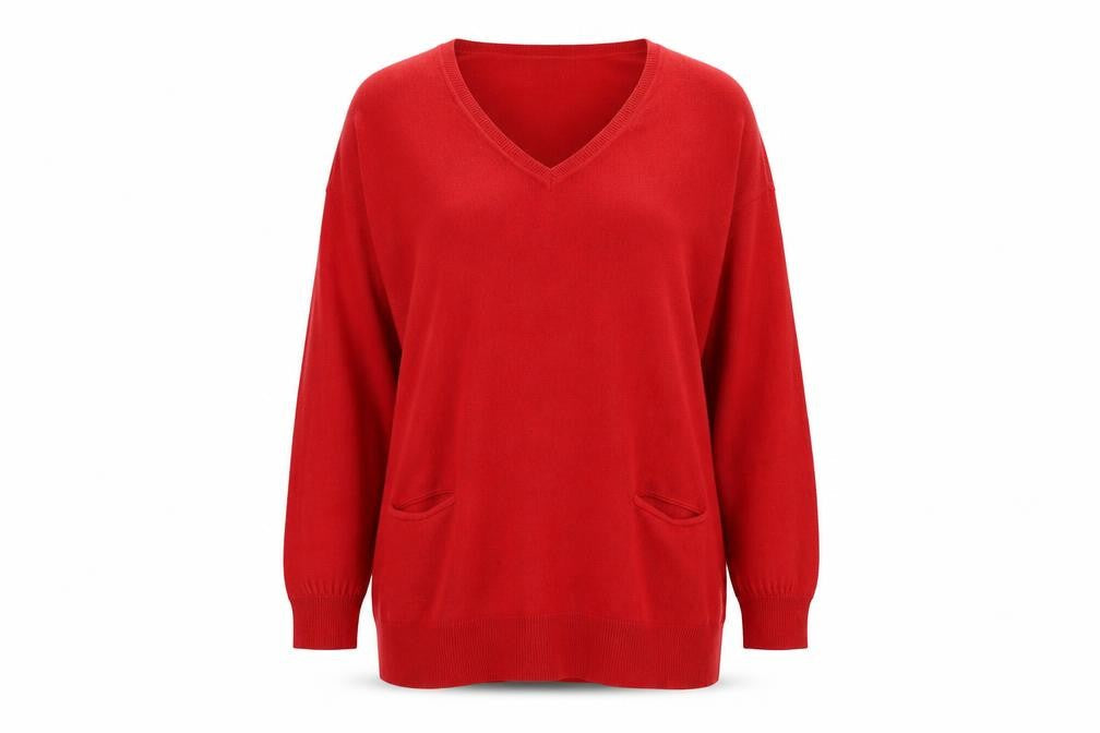 New Look Womens Red V-Neck Acrylic Tunic Jumper Size 16