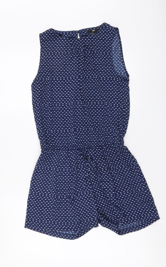 H&M Womens Blue Geometric Polyester Playsuit One-Piece Size 34 Button