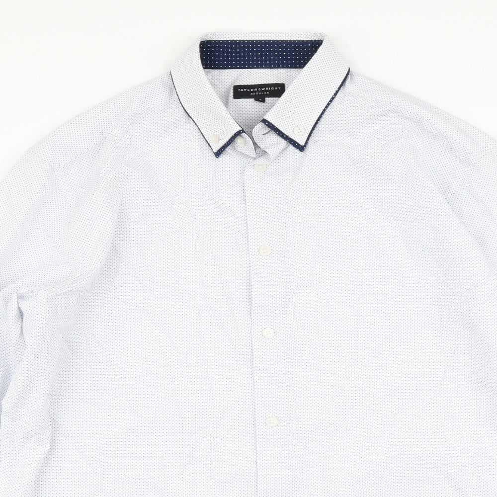 Taylor & Wright Mens White Polka Dot Polyester Button-Up Size 16 Collared Button